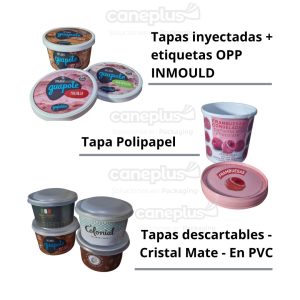 Tapas para potes de helados, frutas congeladas y bombones helados. Tapas de polipapel. Descartables cristal mate en PVC. Inyectadas + etiquetas OPP inmould